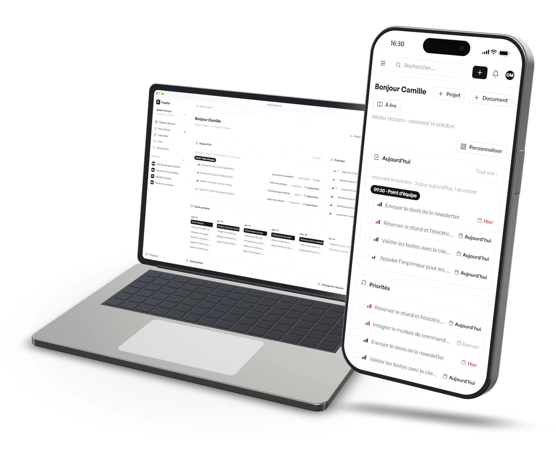 Flopilot sur un ordinateur et un téléphone : tableau de bord des tâches du jour, tableau kanban et calendrier de l’équipe